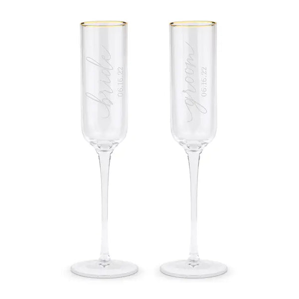 BRIDE & GROOM WITH WEDDING DATE CHAMPAGNE FLUTES