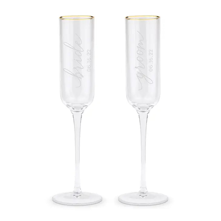 BRIDE & GROOM WITH WEDDING DATE CHAMPAGNE FLUTES