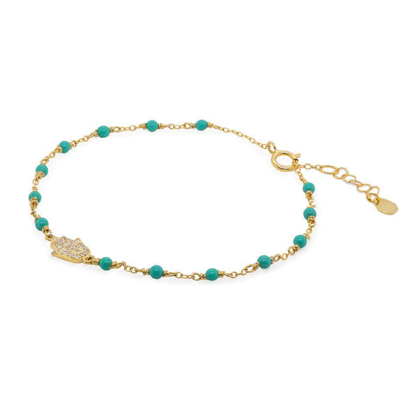 Gold Vermeil CZ Pave Hamsa Turquoise Beads Bracelet