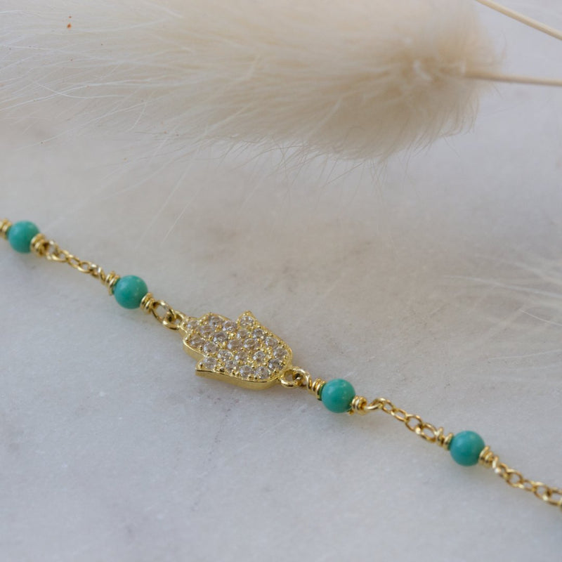 Gold Vermeil CZ Pave Hamsa Turquoise Beads Bracelet