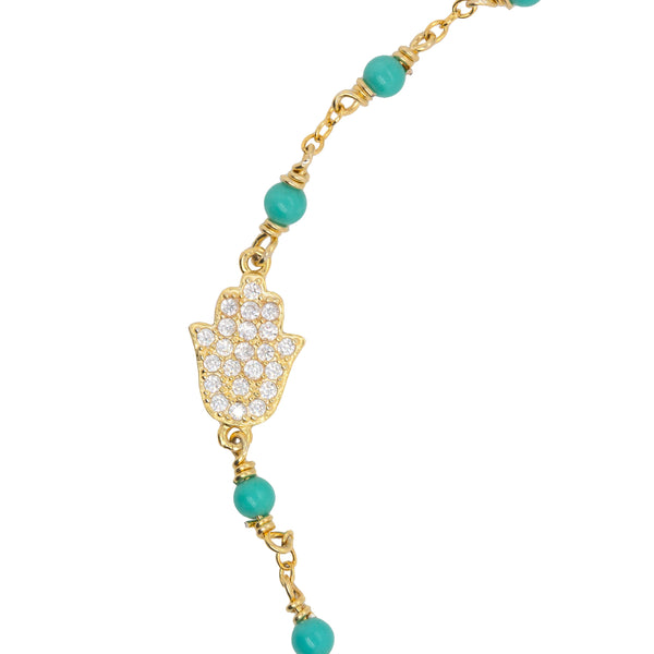 Gold Vermeil CZ Pave Hamsa Turquoise Beads Bracelet