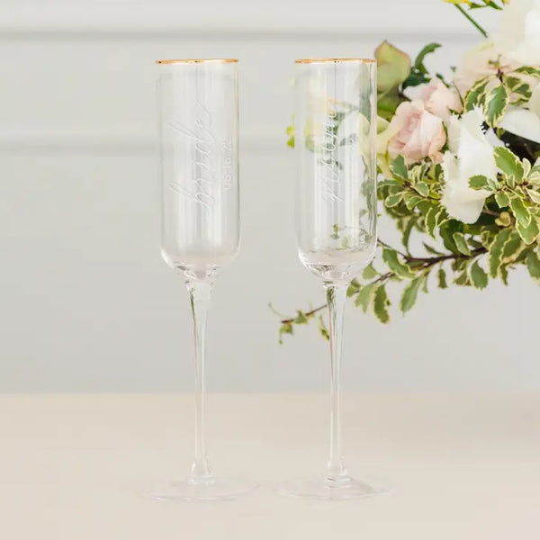 BRIDE & GROOM WITH WEDDING DATE CHAMPAGNE FLUTES