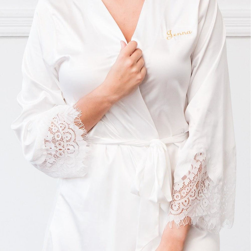Personalized Glitter Satin Robes with Knit Lace Trim, Custom Lace Bridesmaid  Robes